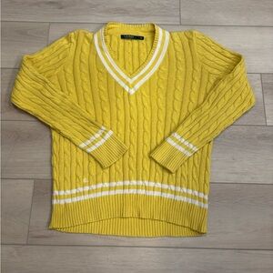 Lauren Ralph Lauren Womens Sweater V-neck Varsity Cable Knit Yellow Stripe Large
